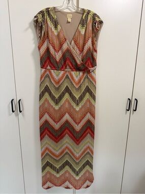 Chico's Sz 2 Chevron Maxi Dress in Coral Lime bohemian knit crochet pattern wrap